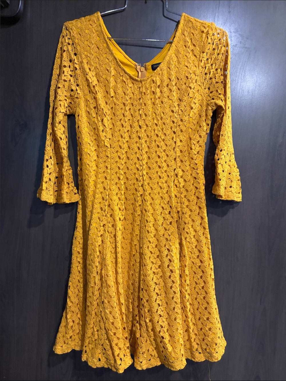 Women's Mustard Crochet Lace Long Sleeve Fit & Flare Dress